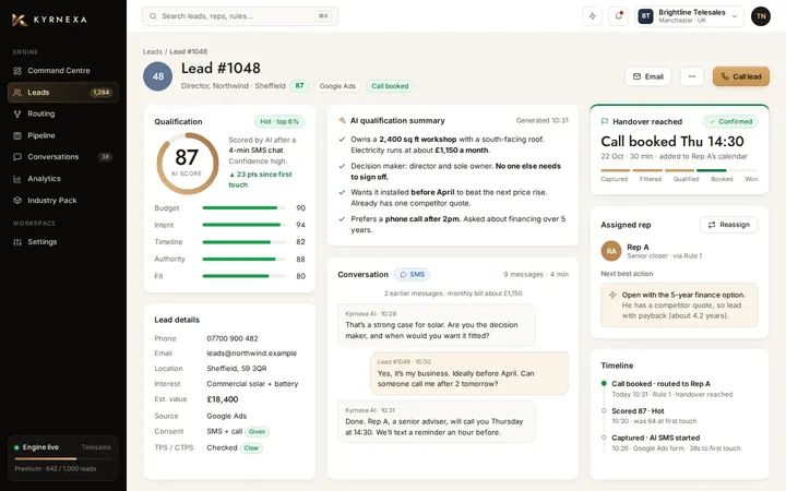 Example lead profile for Lead #1042 at Northwind, with a score and a handover.
